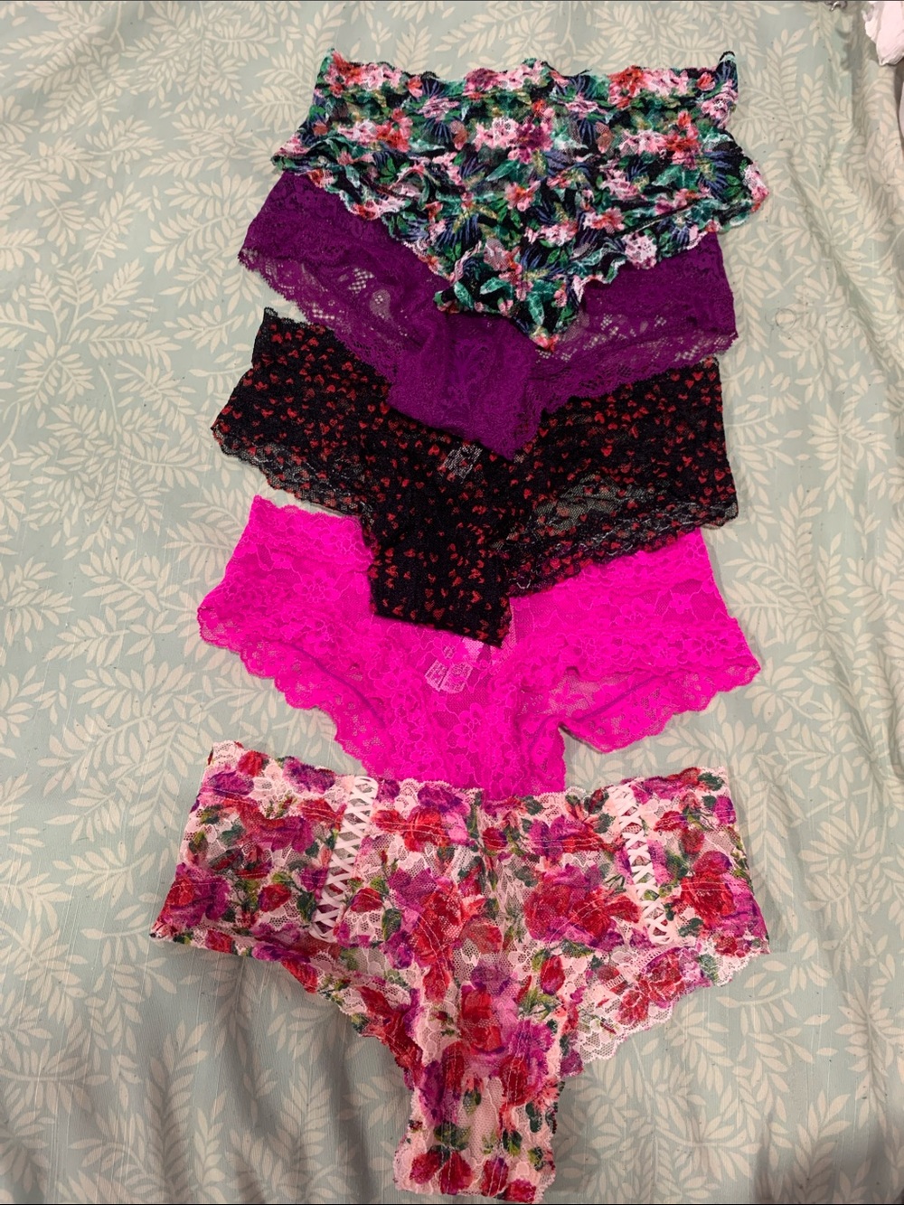 Victoria's Secret Floral & Black Lace Heart Bikini Briefs. 5 panties bundle.